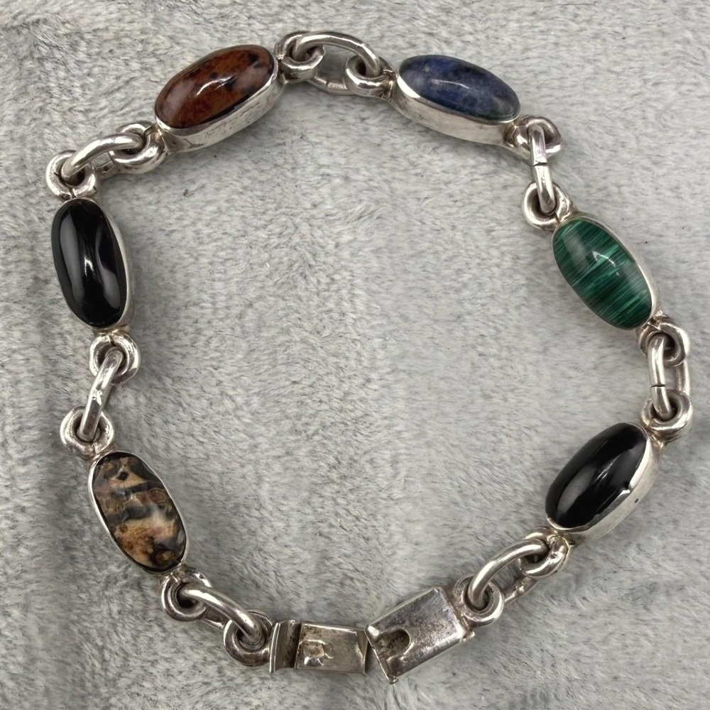 Vintage Taxco 950 Silver Bracelet Polished Stone 7"